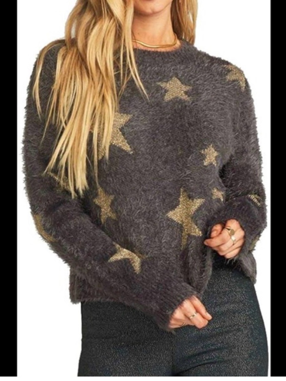 Show Me Your MuMu Cropped Charcoal Fuzzy Star Sweater with Gold Stars